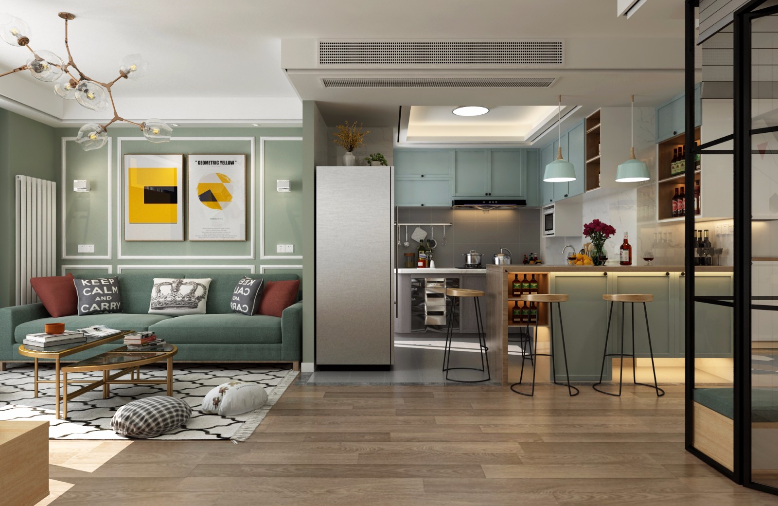 主色调是灰色的开放式厨房,与客厅相                    的机会.
