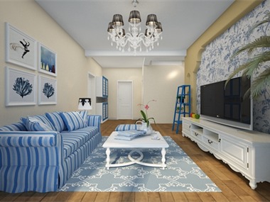 在整个的设计中，以白色作为主调，蓝色条纹的沙发，与