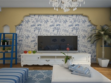 在整个的设计中，以白色作为主调，蓝色条纹的沙发，与