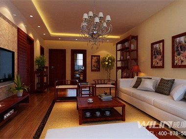 以中式为核心，搭配欧式的吊灯和简单的沙发，将中规中